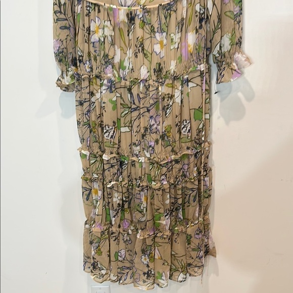 Halogen boho Tan floral long sleeve Tiered Ruffled Maxi Dress small women’s nwot - Picture 4 of 5